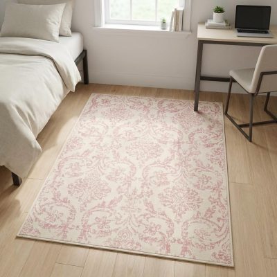4′ X 6′ Ivory and Pink Damask Area Rug