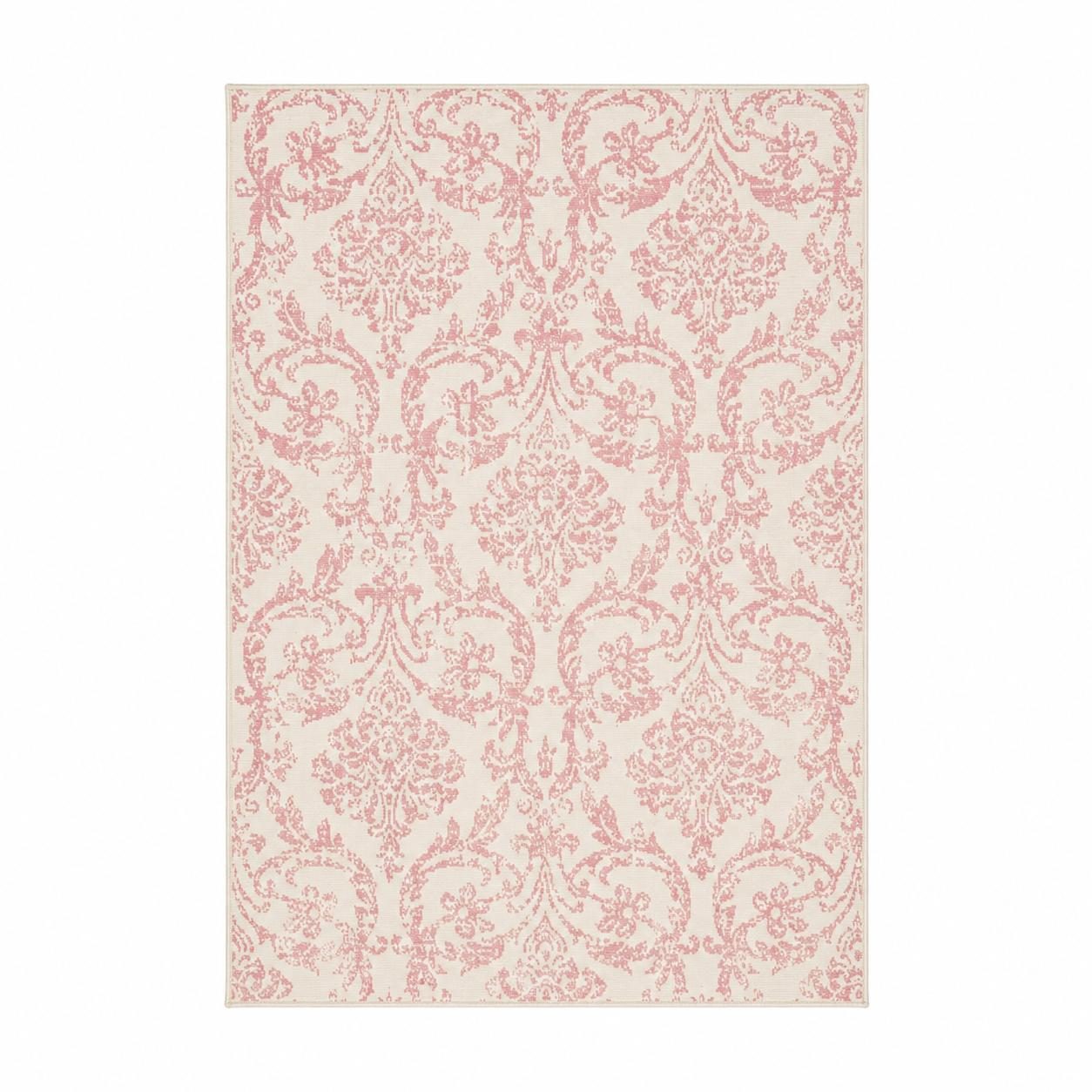 5′ X 7′ Ivory And Pink Damask Area Rug