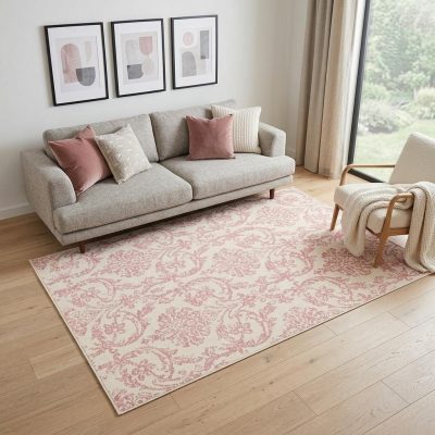 5′ X 7′ Ivory And Pink Damask Area Rug
