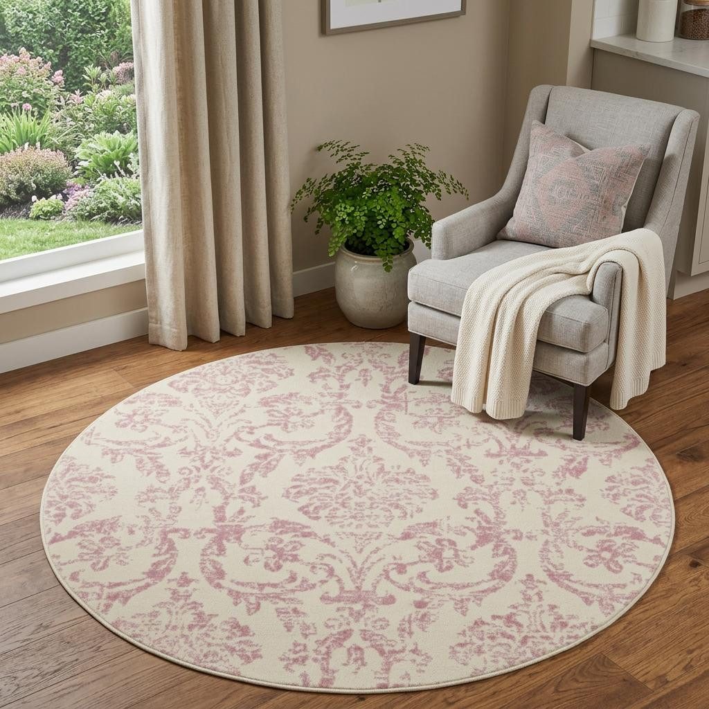 5′ Ivory and Pink Damask Round Rug