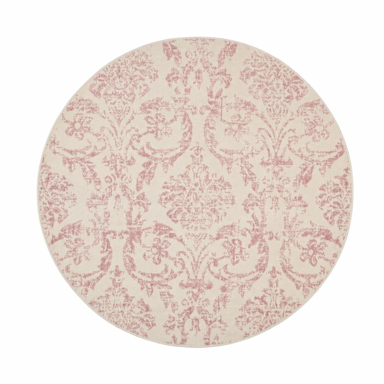 5′ Ivory and Pink Damask Round Rug