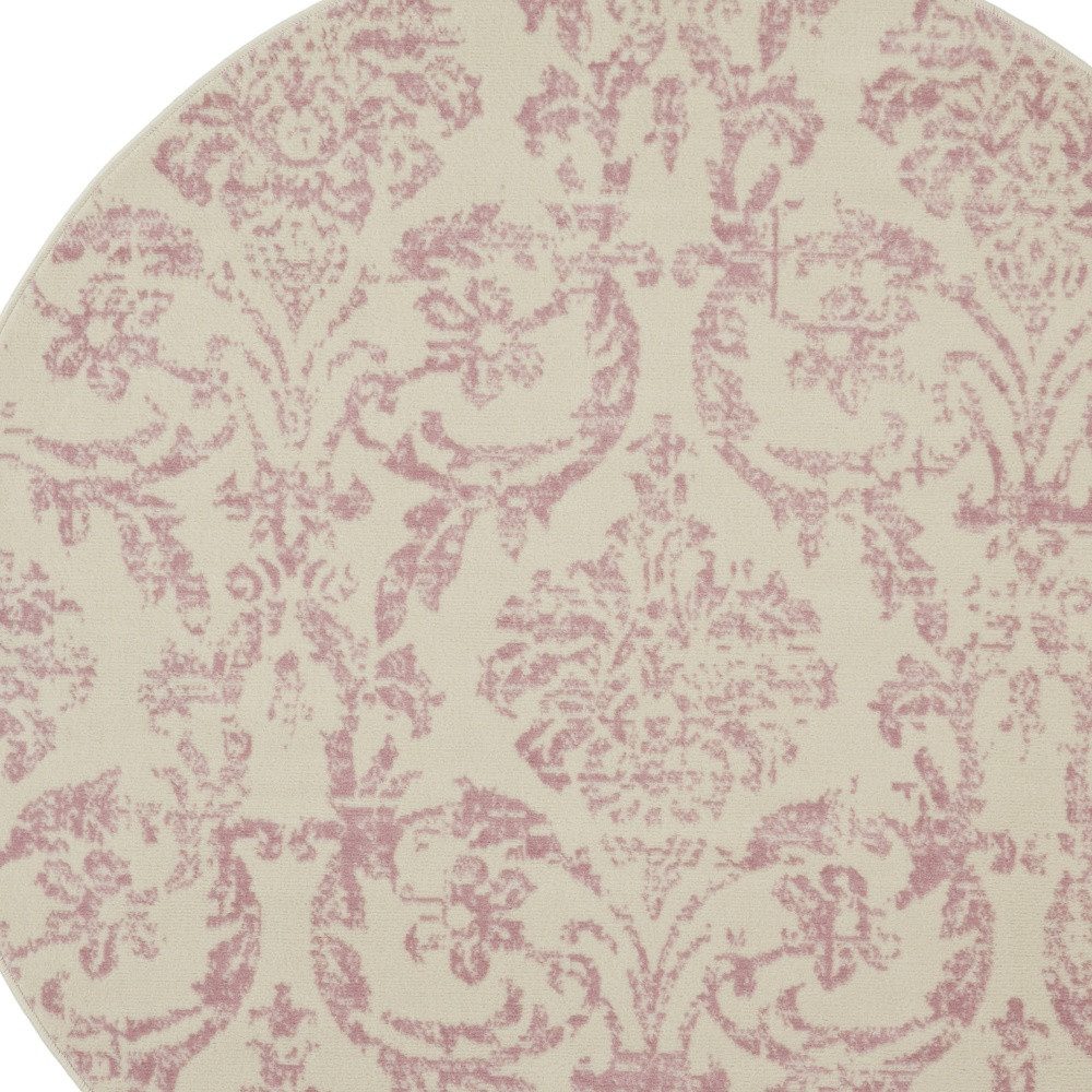 5′ Ivory and Pink Damask Round Rug
