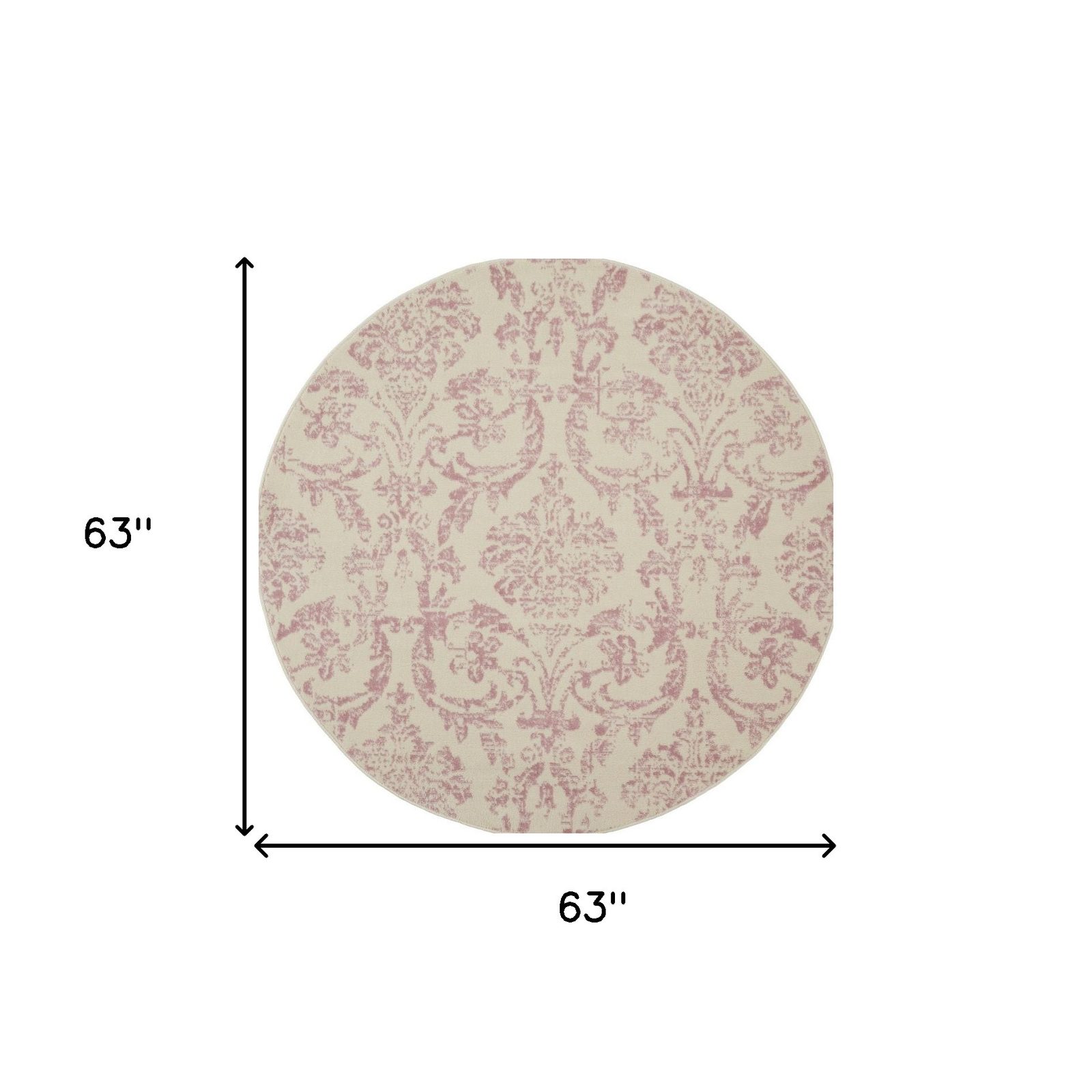 5′ Ivory and Pink Damask Round Rug