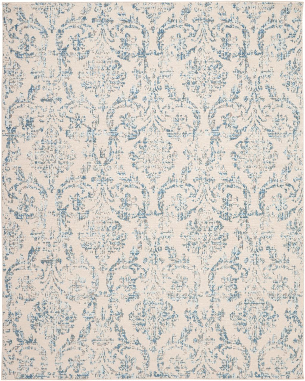 8′ X 10′ Ivory And Blue Damask Area Rug