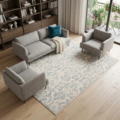 8′ X 10′ Ivory And Blue Damask Area Rug