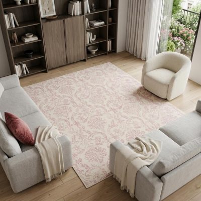 8′ X 10′ Ivory and Pink Damask Area Rug