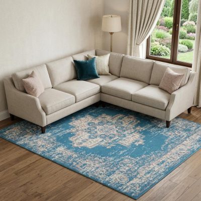 6′ X 9′ Blue Damask Power Loom Area Rug