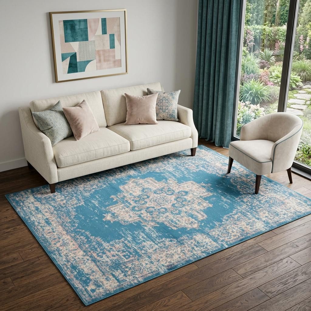 5′ X 7′ Blue Damask Power Loom Area Rug