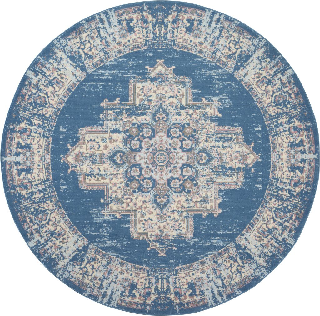 8′ Blue Damask Power Loom Round Rug
