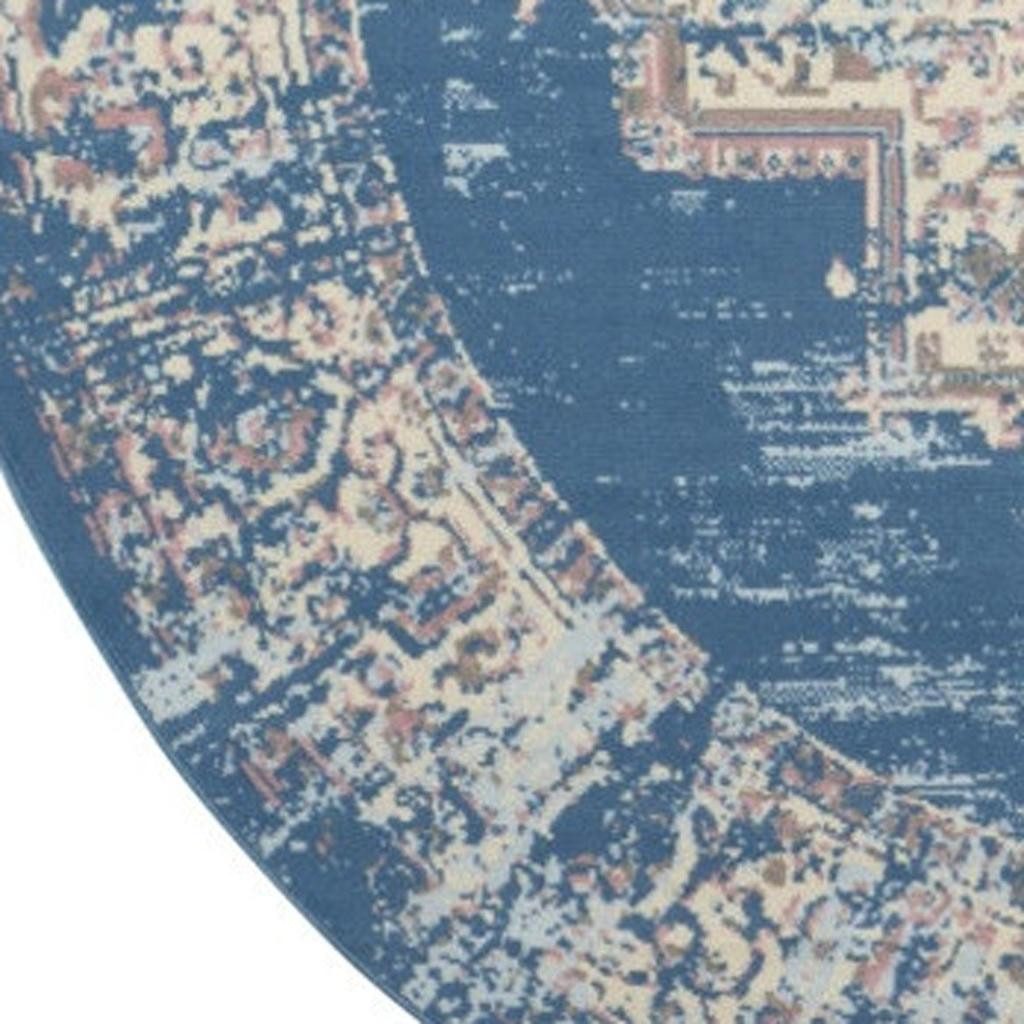 8′ Blue Damask Power Loom Round Rug