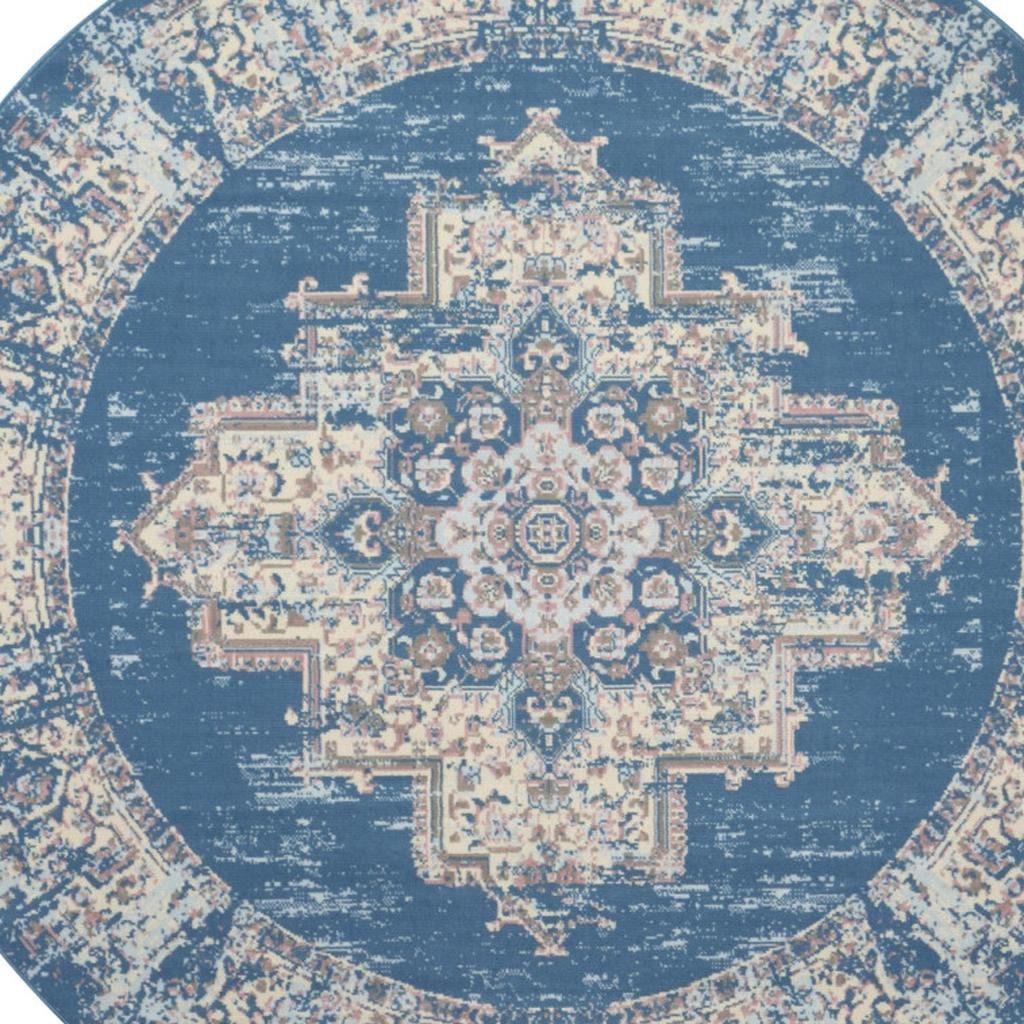 8′ Blue Damask Power Loom Round Rug