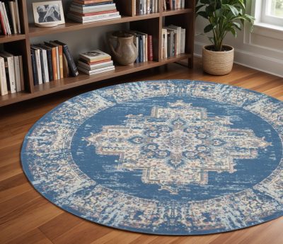 8′ Blue Damask Power Loom Round Rug