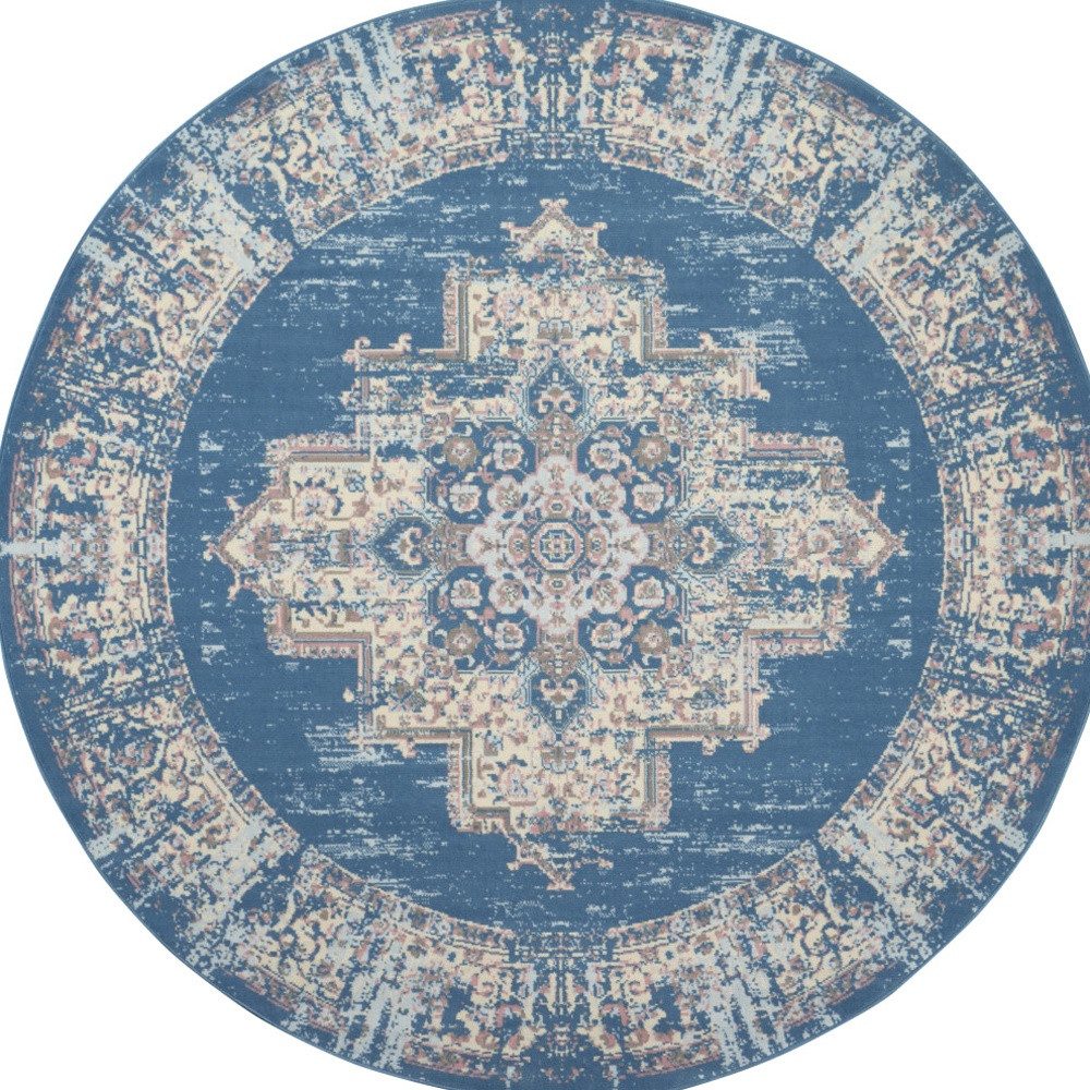 8′ Blue Damask Power Loom Round Rug
