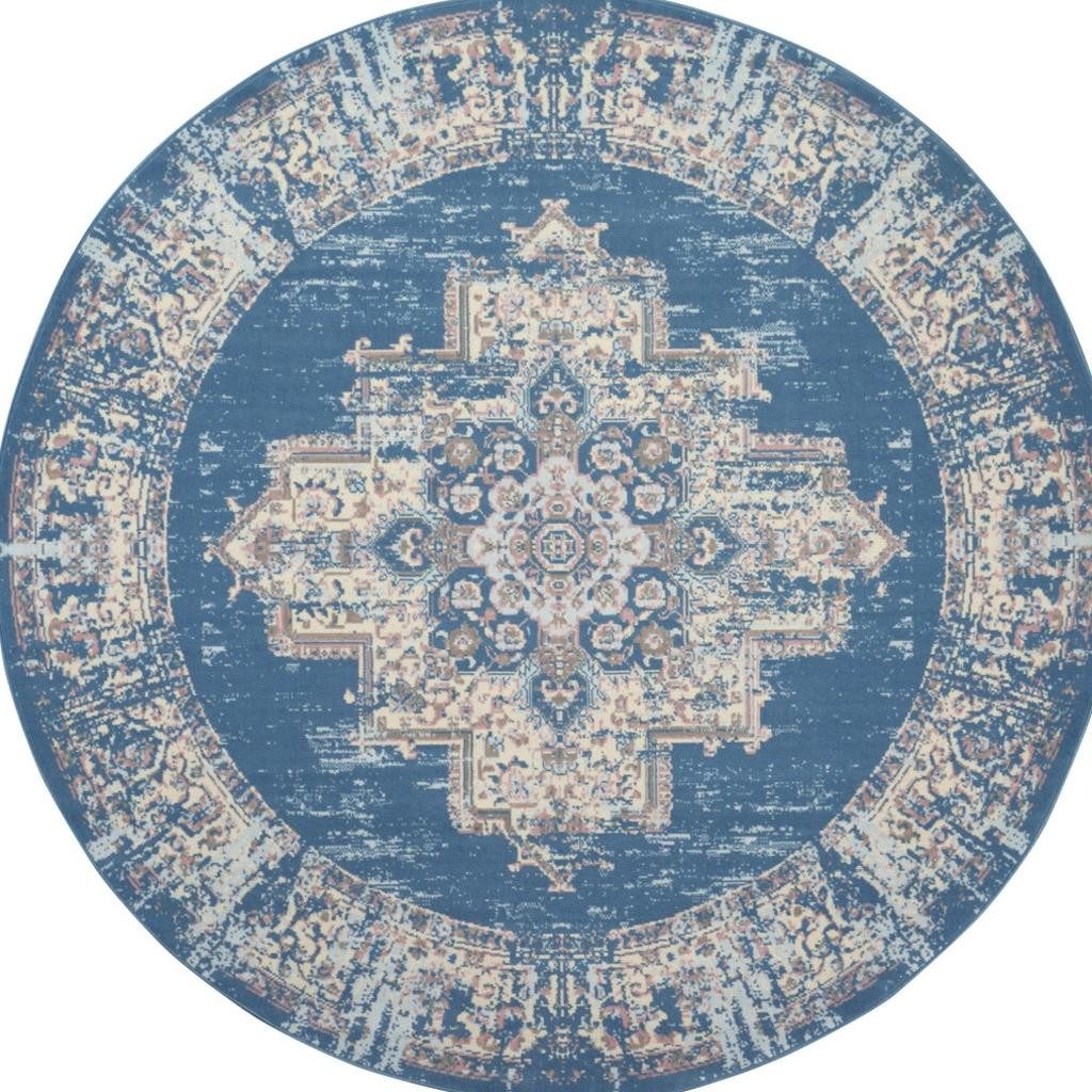 8′ Blue Damask Power Loom Round Rug