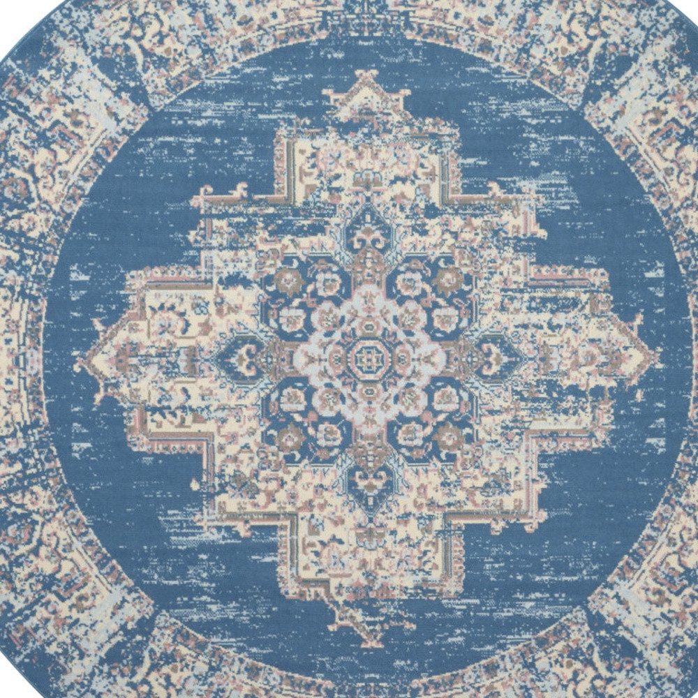 8′ Blue Damask Power Loom Round Rug