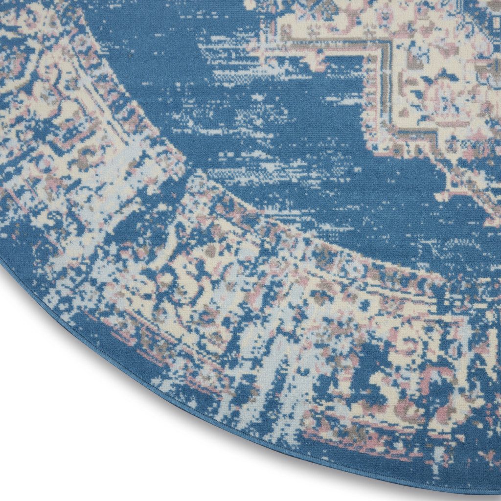 8′ Blue Damask Power Loom Round Rug