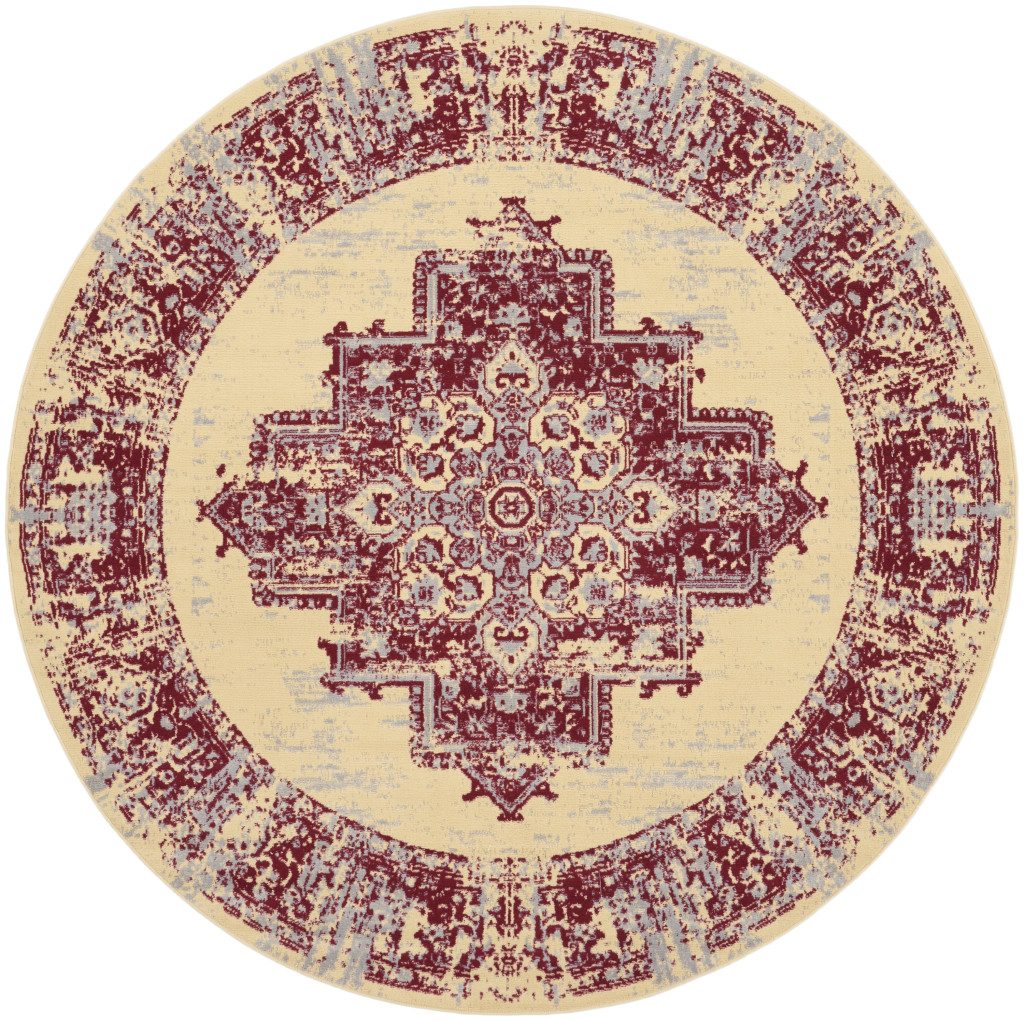 8′ Cream Round Damask Power Loom Area Rug