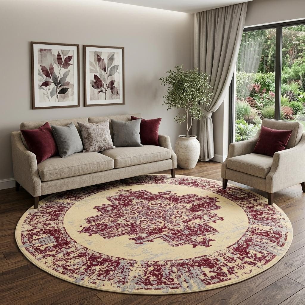 8′ Cream Round Damask Power Loom Area Rug