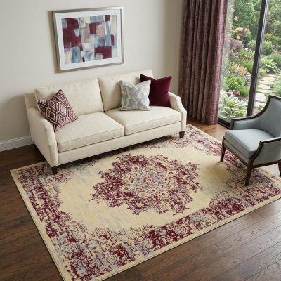 5′ X 7′ Cream Damask Power Loom Area Rug