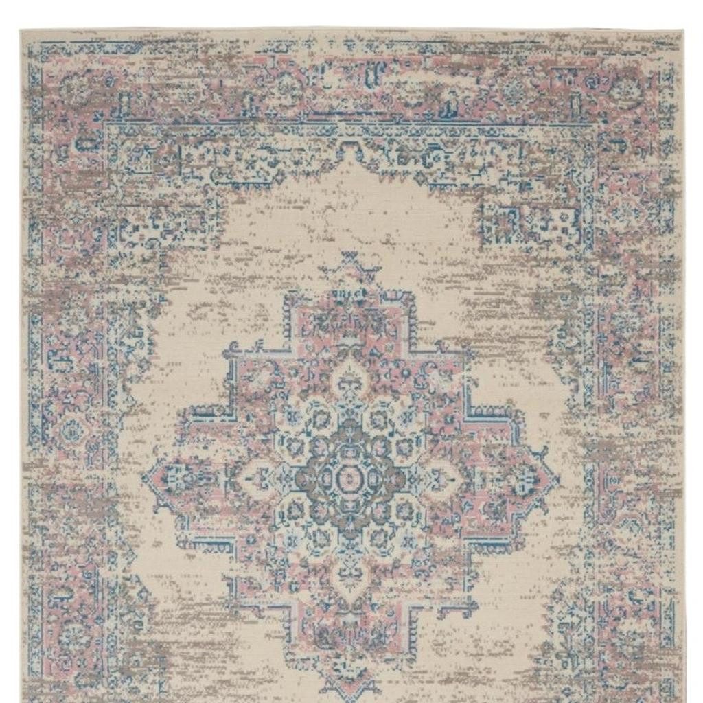 6′ X 9′ Ivory Pink And Blue Medallion Area Rug