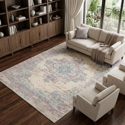 6′ X 9′ Ivory Pink And Blue Medallion Area Rug