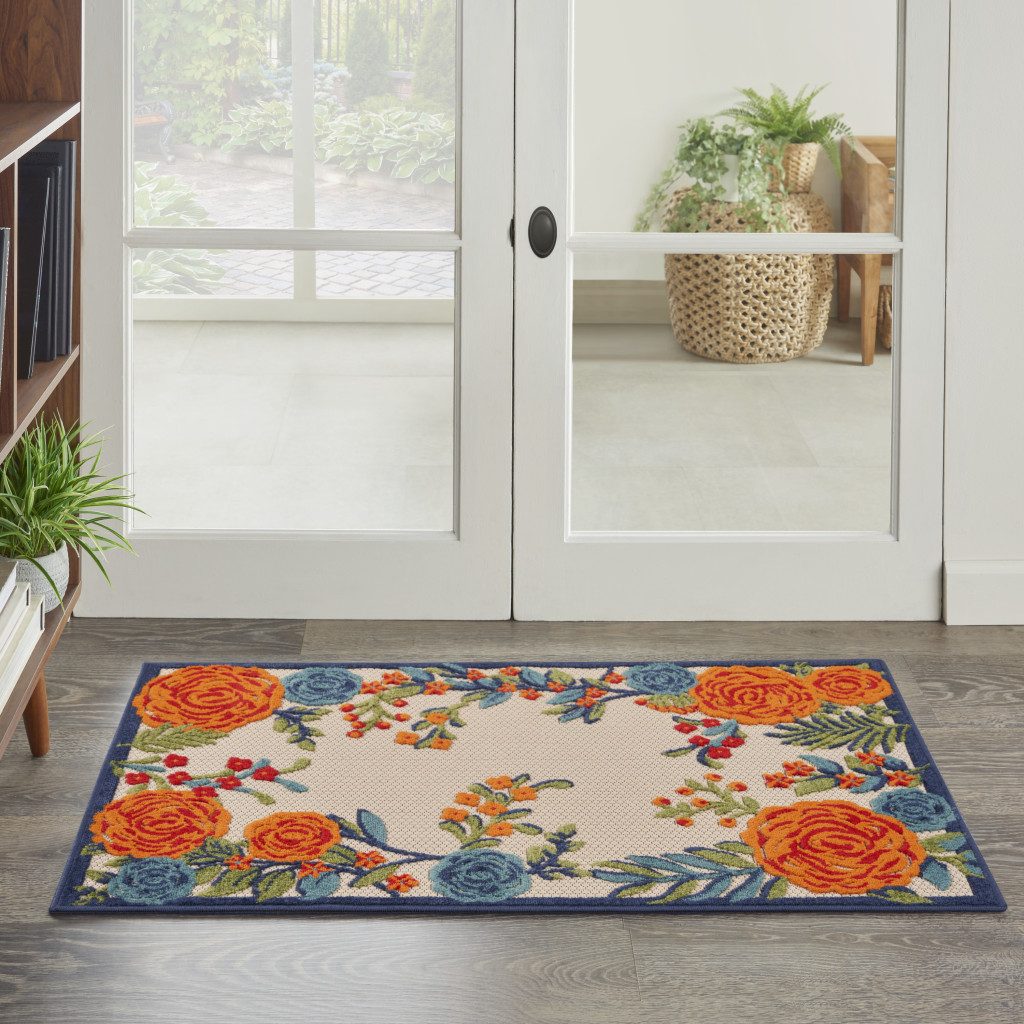 3′ X 4′ Ivory Orange Blue Floral Area Rug II