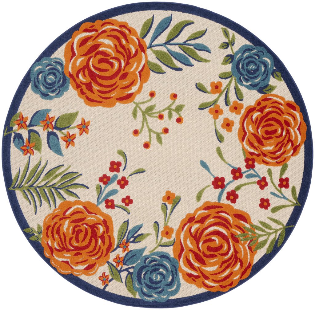 8′ Ivory Orange Blue Floral Indoor Outdoor Round Rug II