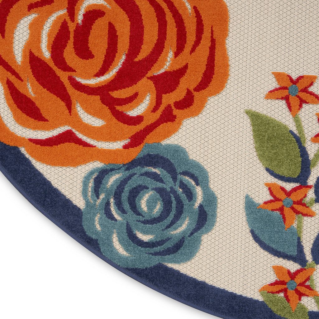 8′ Ivory Orange Blue Floral Indoor Outdoor Round Rug II