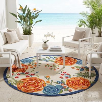 8′ Ivory Orange Blue Floral Indoor Outdoor Round Rug II