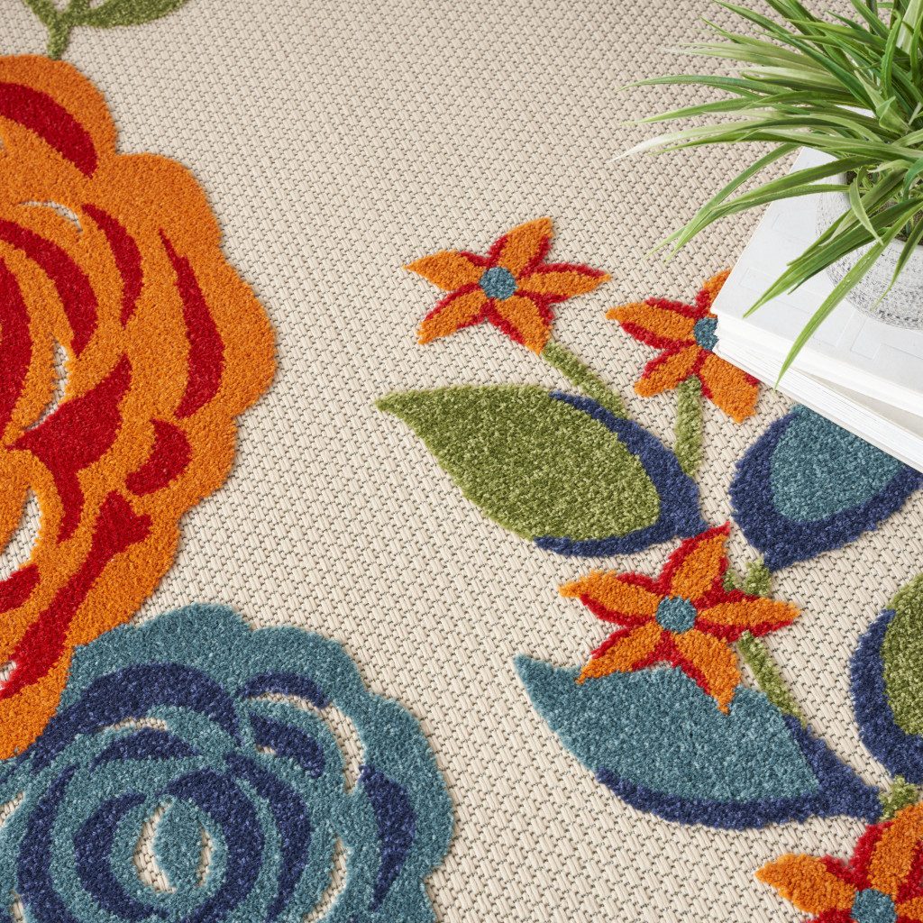 8′ Ivory Orange Blue Floral Indoor Outdoor Round Rug II