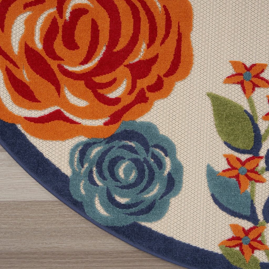 8′ Ivory Orange Blue Floral Indoor Outdoor Round Rug II