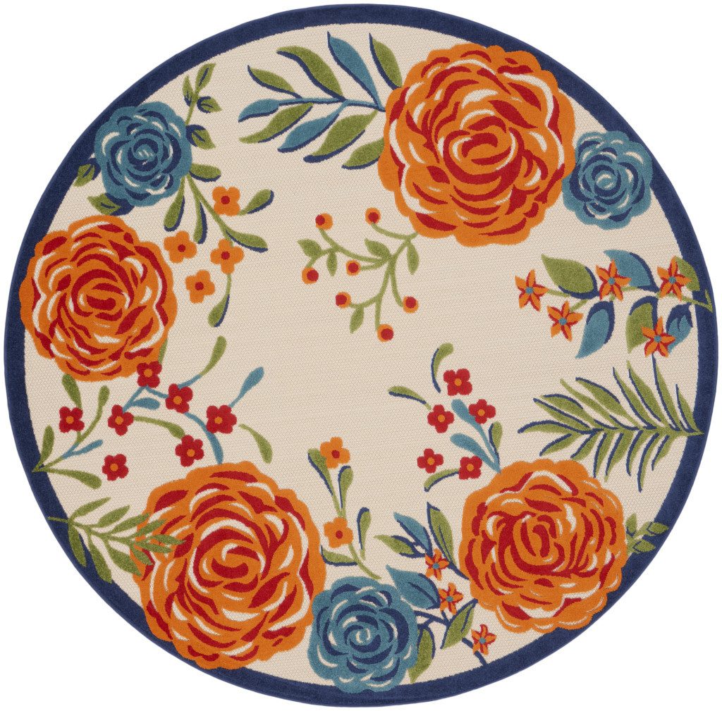 8′ Ivory Orange Blue Floral Indoor Outdoor Round Rug II