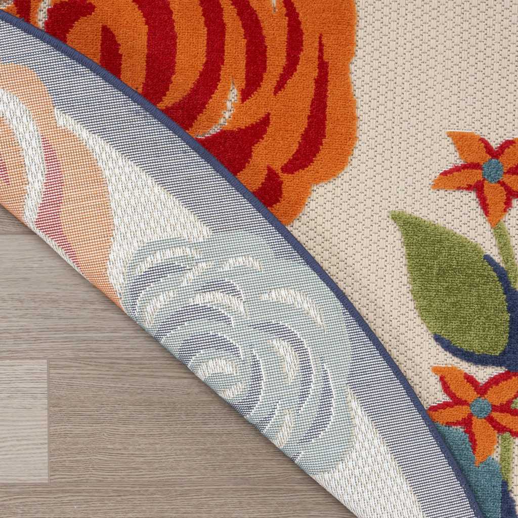 8′ Ivory Orange Blue Floral Indoor Outdoor Round Rug II