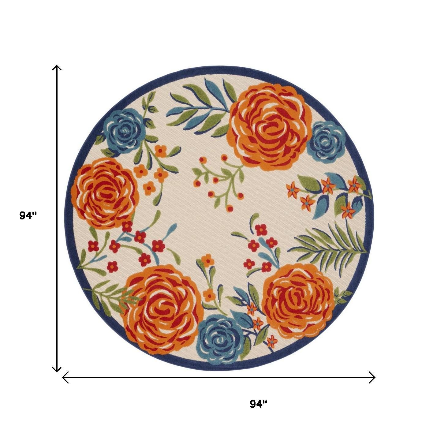 8′ Ivory Orange Blue Floral Indoor Outdoor Round Rug II