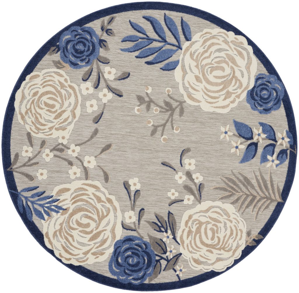 8′ Blue and Gray Floral Indoor Outdoor Round Rug
