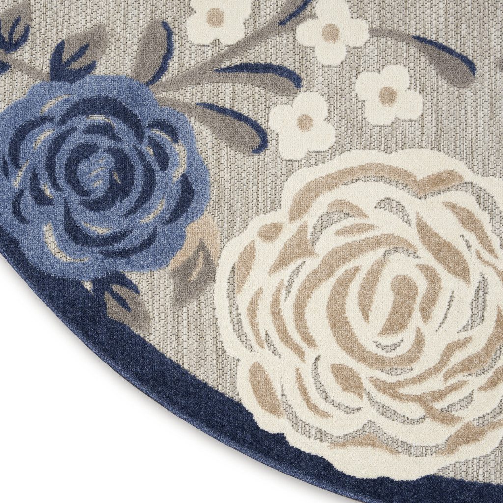 8′ Blue and Gray Floral Indoor Outdoor Round Rug