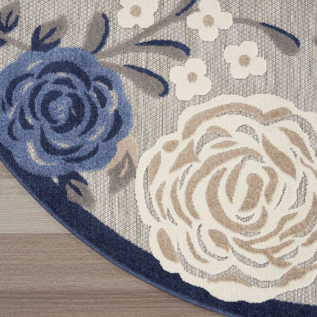 8′ Blue and Gray Floral Indoor Outdoor Round Rug