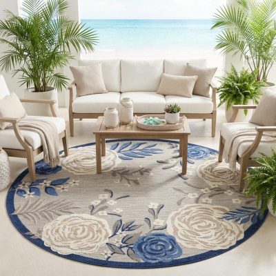 8′ Blue and Gray Floral Indoor Outdoor Round Rug