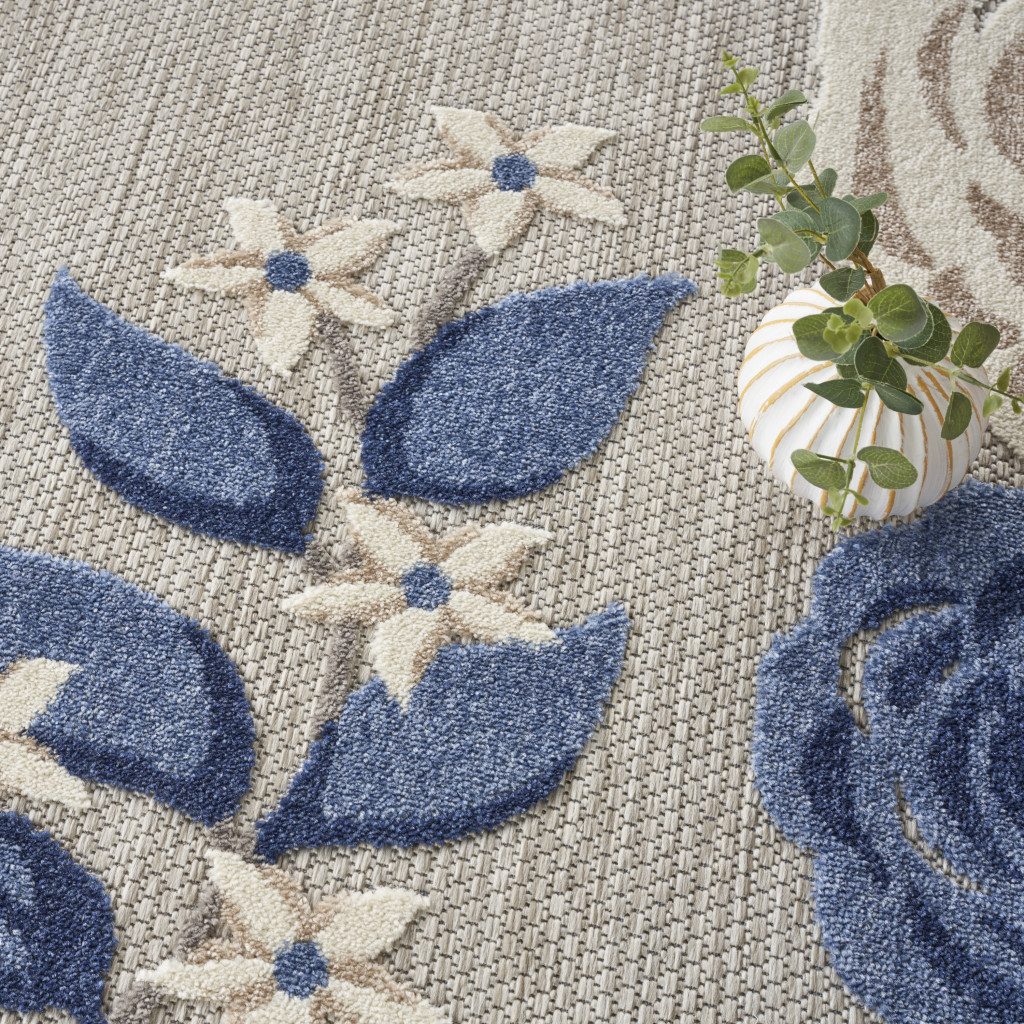 8′ Blue and Gray Floral Indoor Outdoor Round Rug