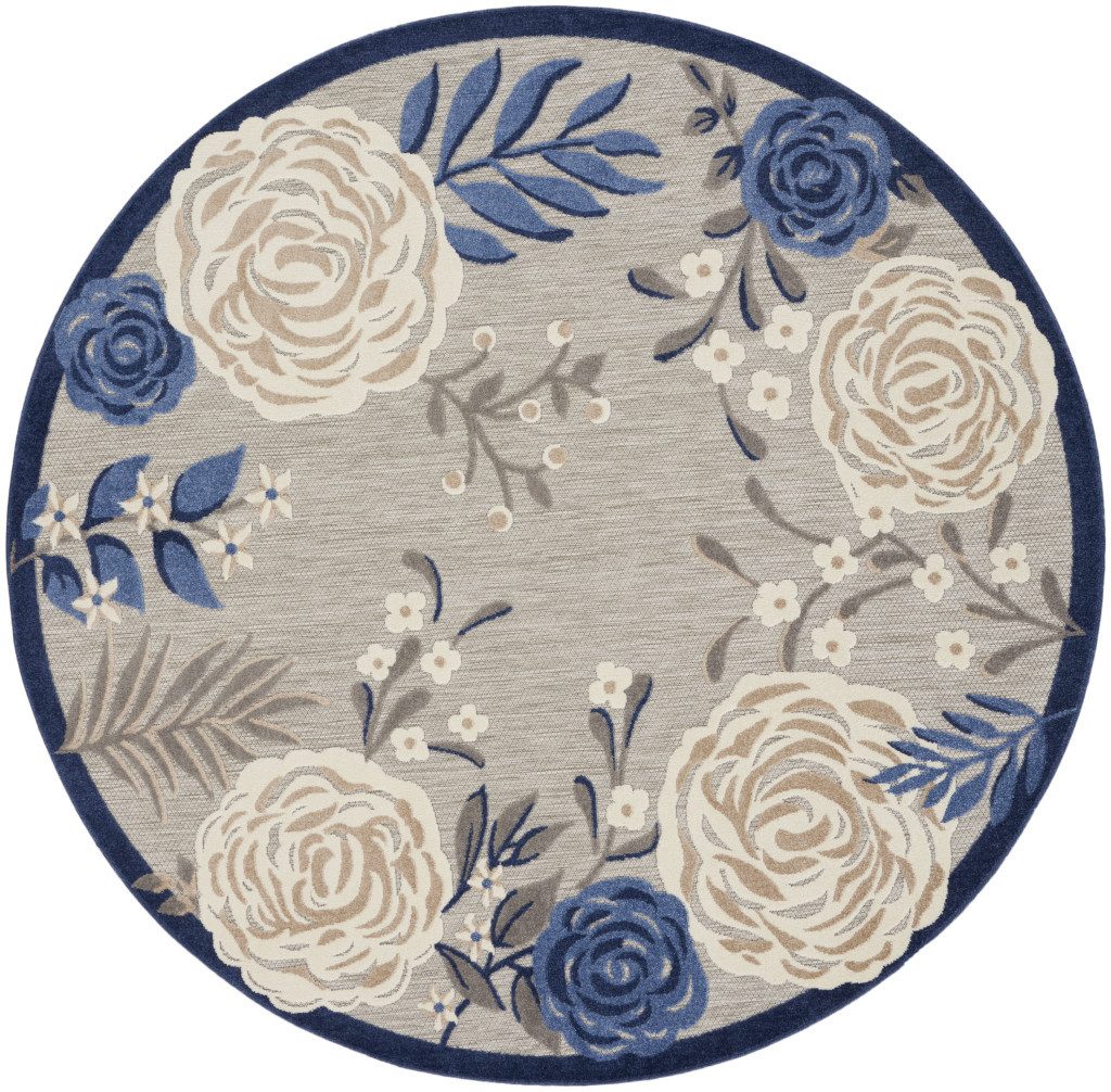 8′ Blue and Gray Floral Indoor Outdoor Round Rug