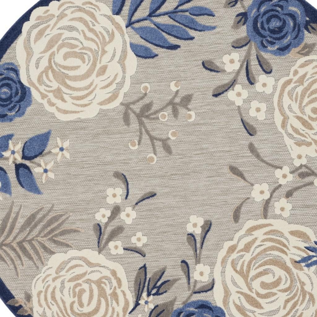 8′ Blue and Gray Floral Indoor Outdoor Round Rug