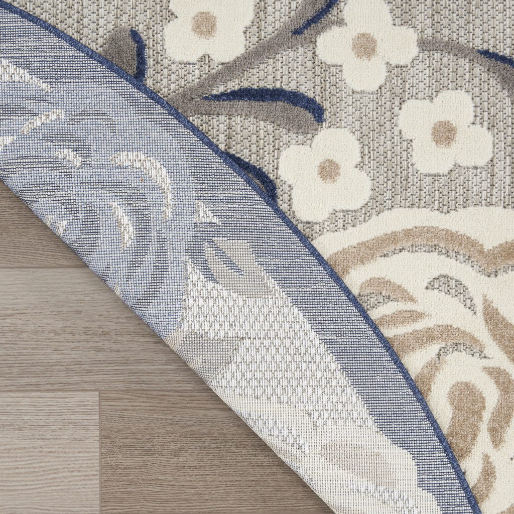 8′ Blue and Gray Floral Indoor Outdoor Round Rug