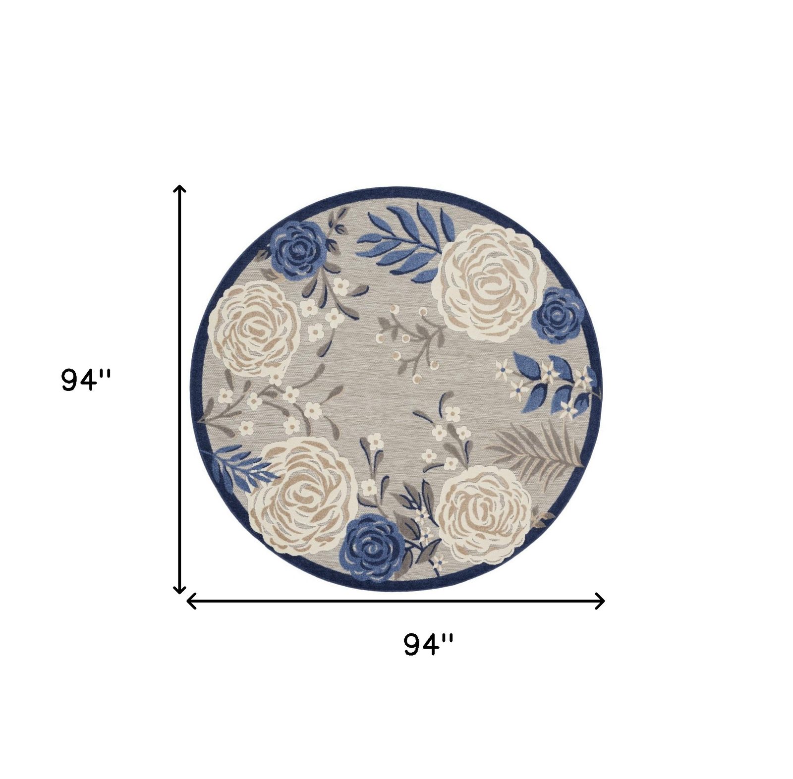 8′ Blue and Gray Floral Indoor Outdoor Round Rug