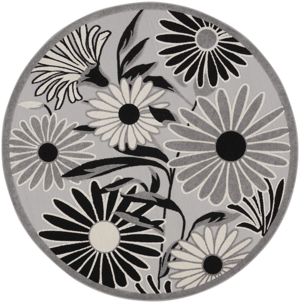 8′ Black and White Floral Indoor Outdoor Round Rug
