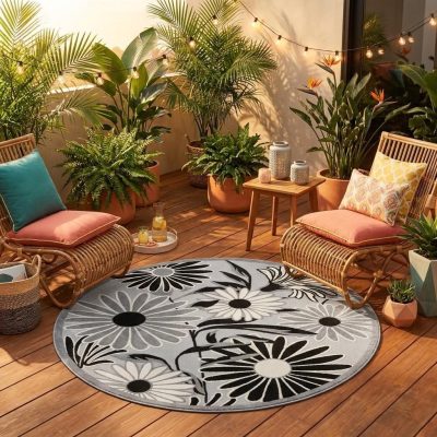 8′ Black and White Floral Indoor Outdoor Round Rug