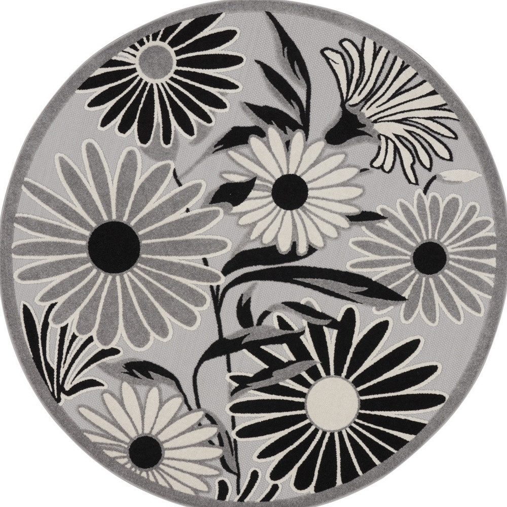 8′ Black and White Floral Indoor Outdoor Round Rug