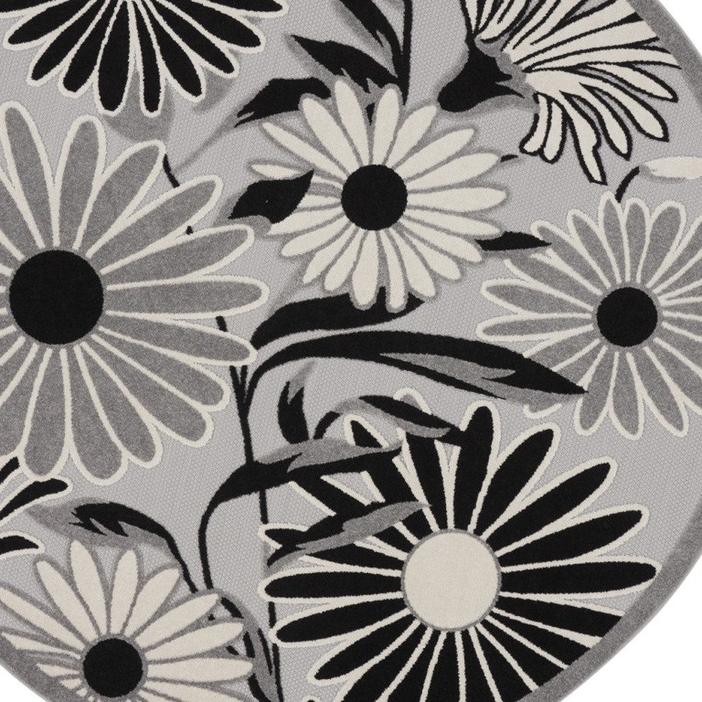8′ Black and White Floral Indoor Outdoor Round Rug