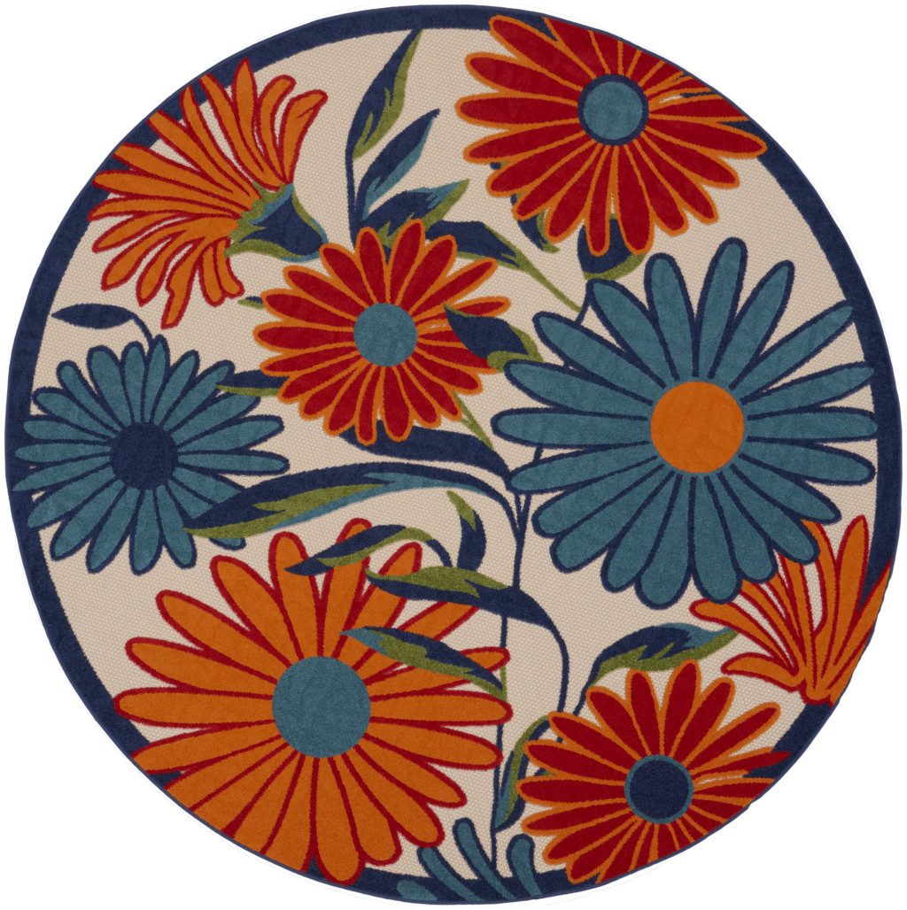 8′ Ivory Orange and Blue Floral Indoor Outdoor Round Rug