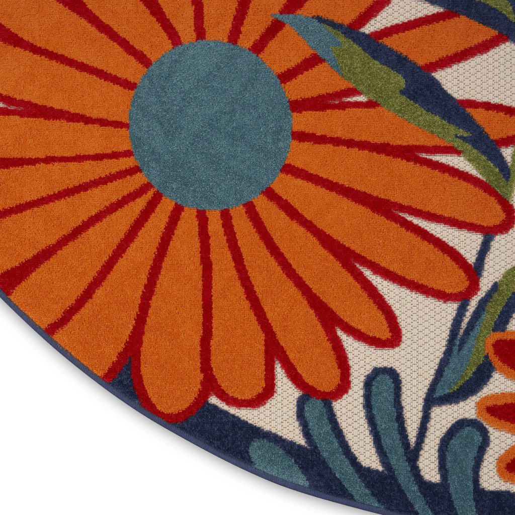 8′ Ivory Orange and Blue Floral Indoor Outdoor Round Rug
