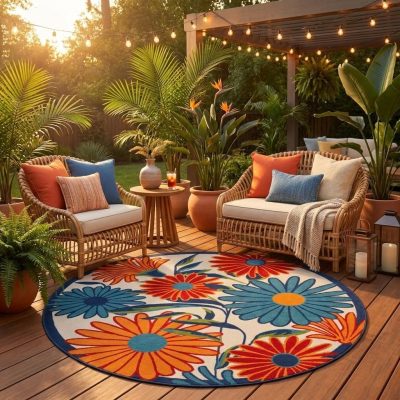 8′ Ivory Orange and Blue Floral Indoor Outdoor Round Rug